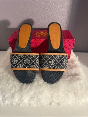 Tory Burch Black and Tan Logo Slide Mules